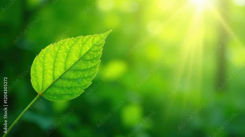 A single vibrant green leaf illuminated by sunlight against a softly blurred background of verdant foliage A single vibrant green leaf illuminated by sunlight against a softly blurred background of verdant foliage