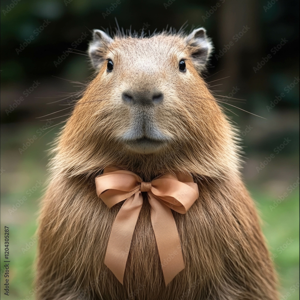 Capybara with a delicate bow enjoys a moment of calm in a peaceful outdoor setting Capybara with a delicate bow enjoys a moment of calm in a peaceful outdoor setting