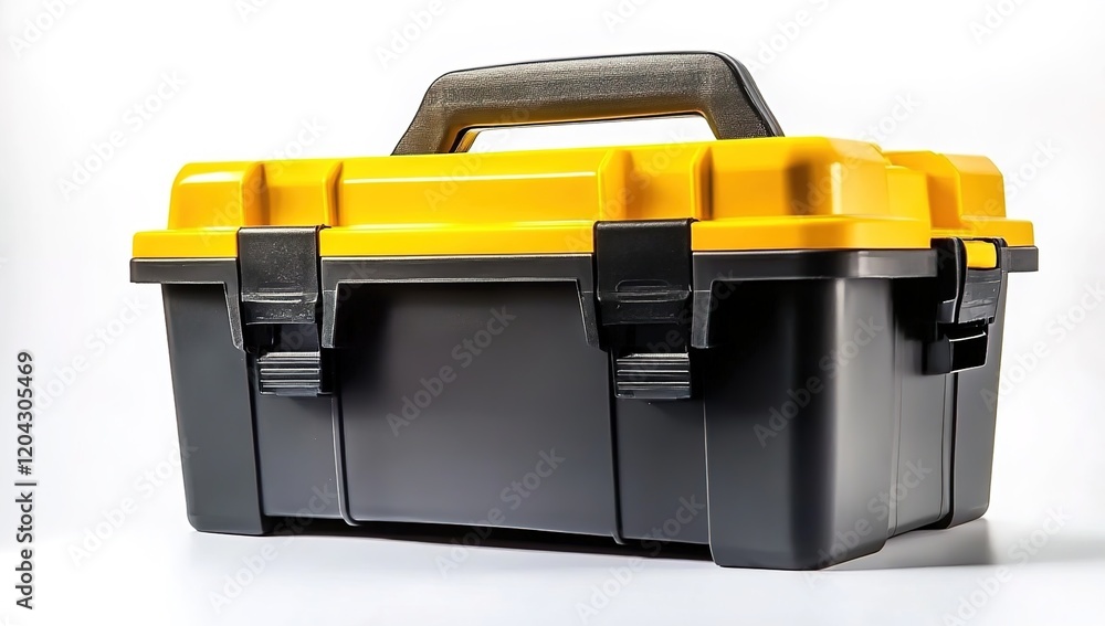 A large black and yellow plastic toolbox with a handle, against a white background A large black and yellow plastic toolbox with a handle, against a white background