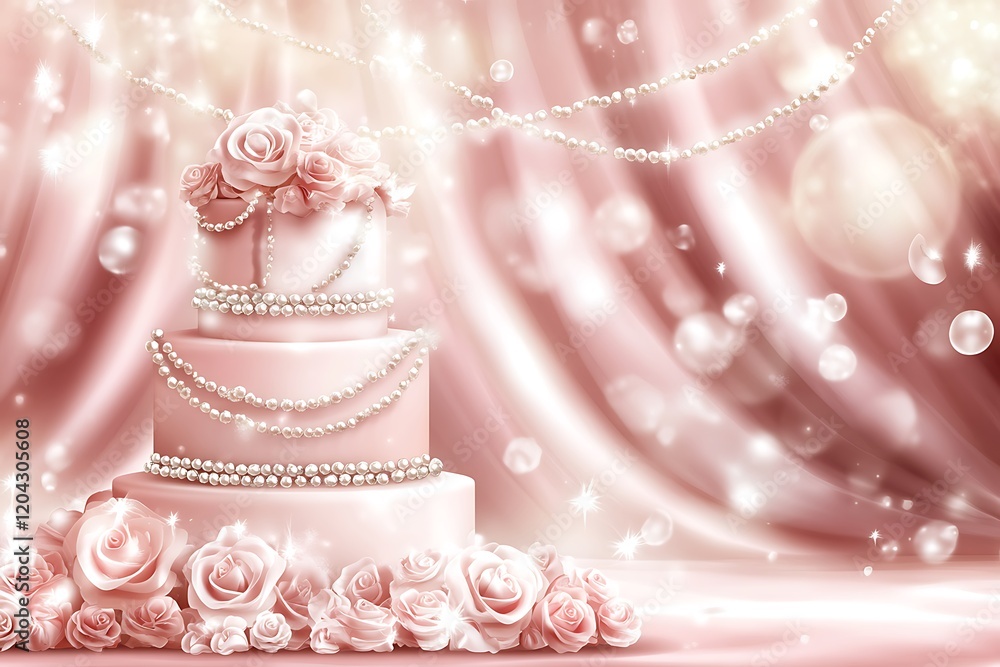 Fototapeta premium Elegant Pink Wedding Cake with Pearl Accents & Rose Garnish