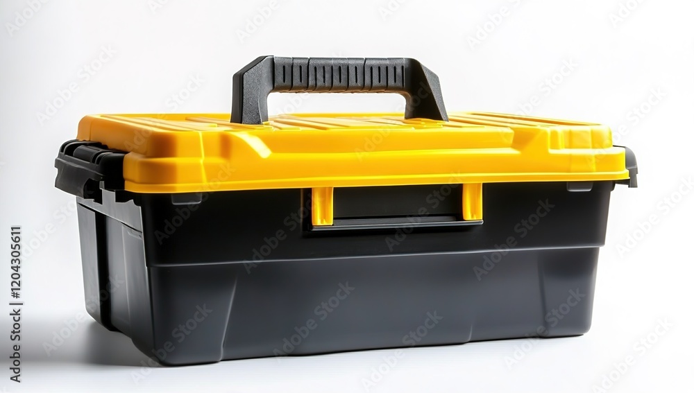 A large black and yellow plastic toolbox with a handle, against a white background A large black and yellow plastic toolbox with a handle, against a white background
