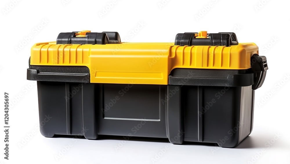 A large black and yellow plastic toolbox with a handle, against a white background A large black and yellow plastic toolbox with a handle, against a white background