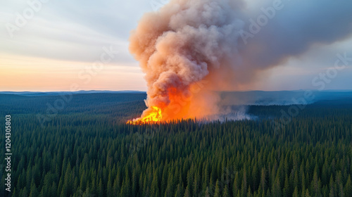 Greenhouse Gas, A high-fidelity image of dense smoke rising from a forest fire, capturing the intensity and chaos of a wildfire in a vivid manner.
