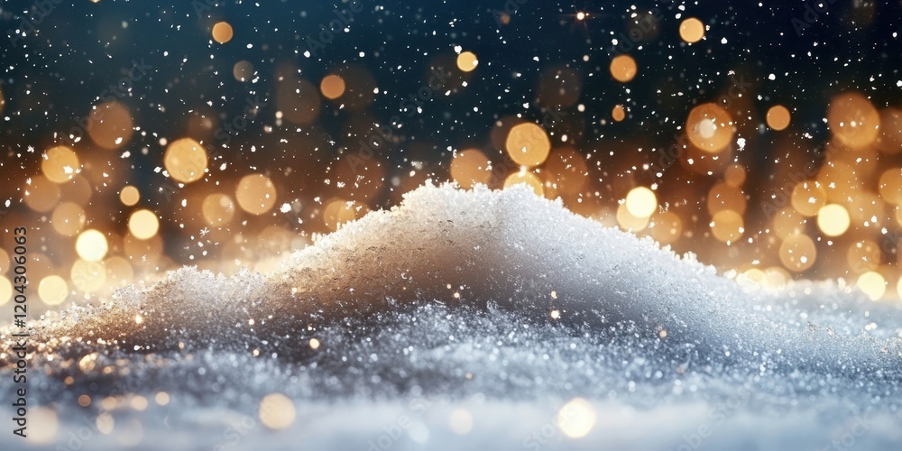 Obraz premium Winter landscape, glowing golden bokeh lights, snow mounds, starry night sky, magical atmosphere, macro photography, depth of field, warm and cold contrast, ethereal, dreamy scene, sparkling snowflake