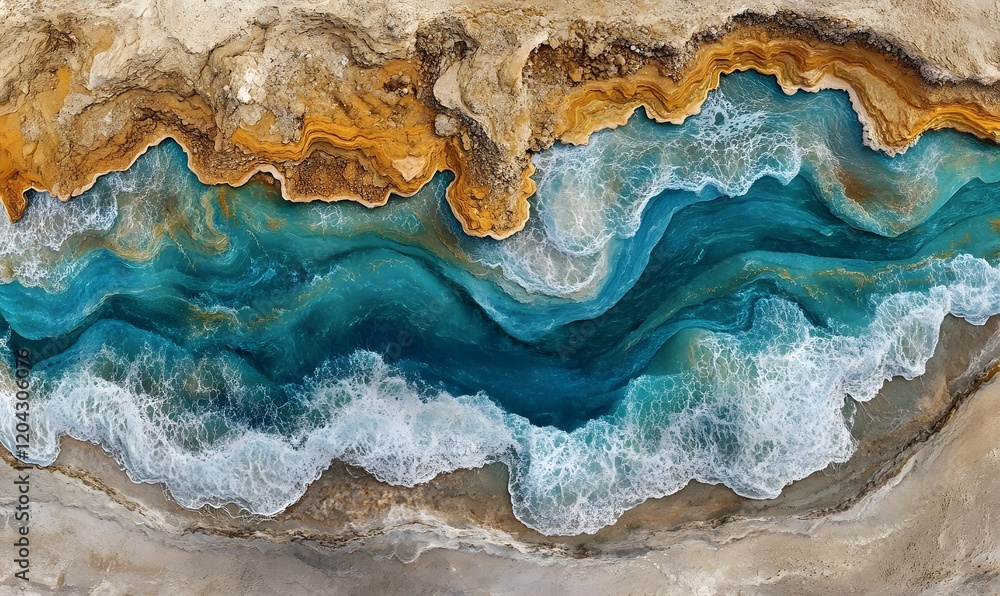 Fototapeta premium Aerial view of ocean waves crashing against a rocky coast, creating abstract patterns of blue, turquoise, and gold.