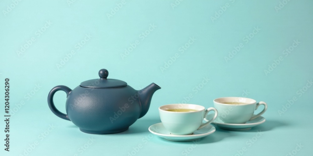 Serene Teal Tea Time A Dark-Blue Teapot and Two Pale-Green Teacups Resting on Matching Saucers Against a Light-Blue Background Serene Teal Tea Time A Dark-Blue Teapot and Two Pale-Green Teacups Resting on Matching Saucers Against a Light-Blue Background
