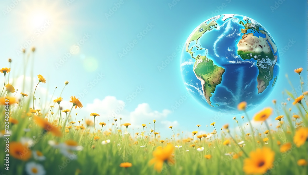 A vibrant globe blooming in a colorful meadow of wildflowers, symbolizing Earth Day and the interconnection of life on our planet through nature and care A vibrant globe blooming in a colorful meadow of wildflowers, symbolizing Earth Day and the interconnection of life on our planet through nature and care