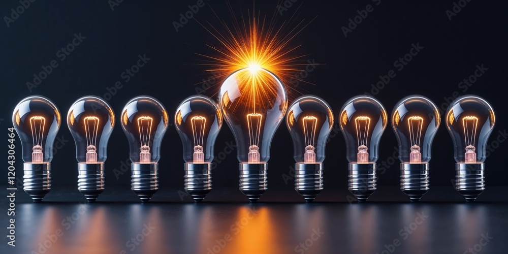 A row of light bulbs, one glowing brightly in the middle against a black background, symbolizing ideas and innovation. A row of light bulbs, one glowing brightly in the middle against a black background, symbolizing ideas and innovation.