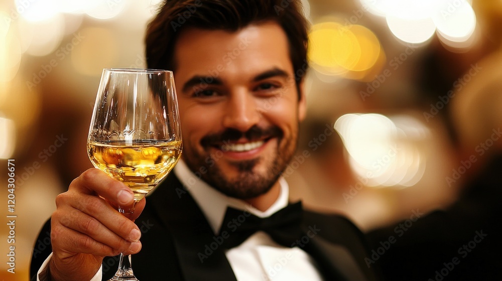 Elegant Man in Tuxedo Raising a Glass of Wine at a Celebration Event Elegant Man in Tuxedo Raising a Glass of Wine at a Celebration Event