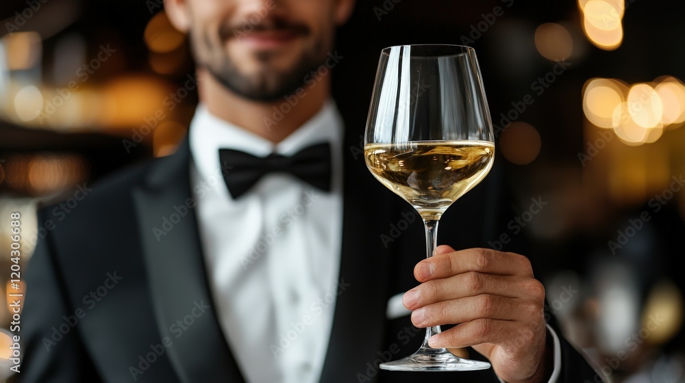 Elegant Man in Tuxedo Holding Wine Glass Close Up Shot Elegant Man in Tuxedo Holding Wine Glass Close Up Shot