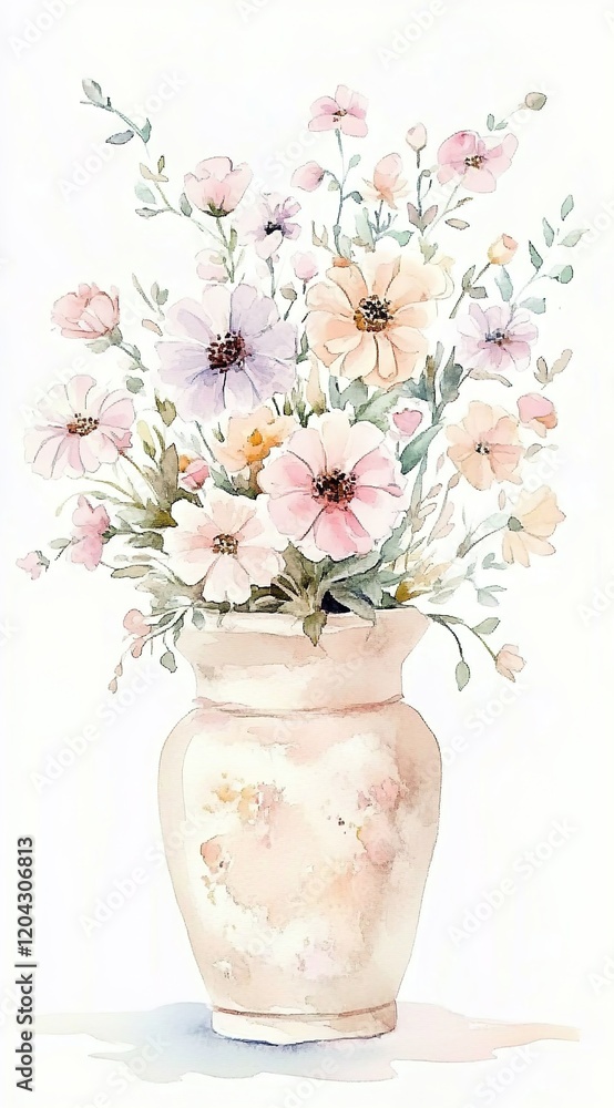 A delicate vase with pastel-colored flowers, a pastel watercolor illustration, on a white background A delicate vase with pastel-colored flowers, a pastel watercolor illustration, on a white background