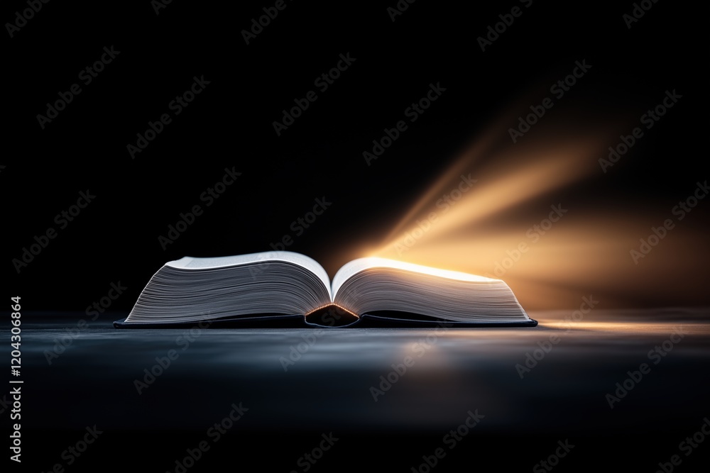 Open book with glowing light emanating from its pages on a dark background. Symbol of knowledge and discovery. Open book with glowing light emanating from its pages on a dark background. Symbol of knowledge and discovery.