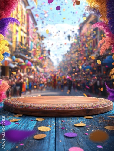 Carnival Celebration Stage: A vibrant carnival parade fills the background, blurred with confetti and feathers, while in the foreground sits a rustic wooden display stand, concept Rio de Janeiro Carni