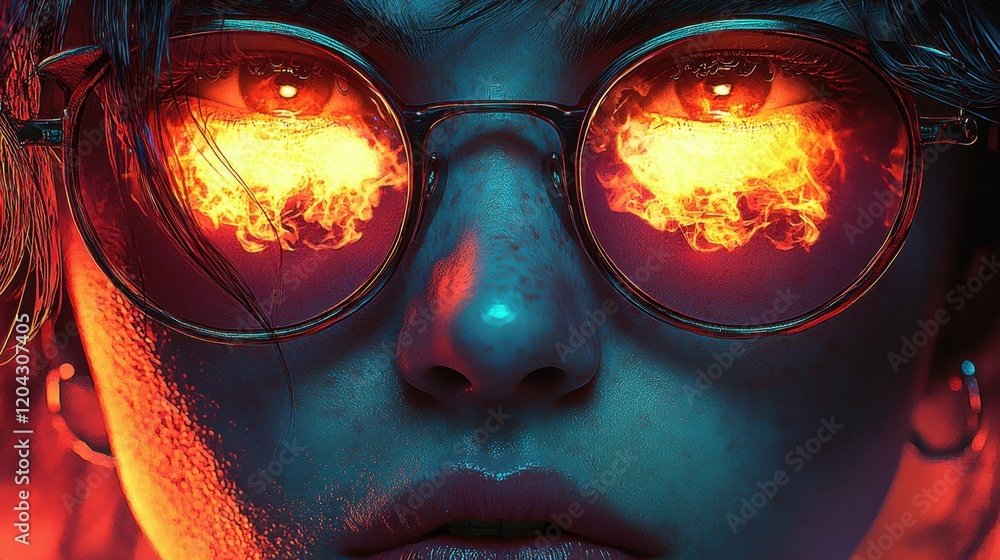 Cyberpunk woman with glowing fire reflection in sunglasses Cyberpunk woman with glowing fire reflection in sunglasses