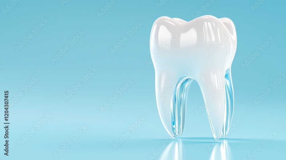 3D Glassy white tooth represents oral hygiene and dental health and hygiene, promoting healthy teeth and gums Copy space for text 3D Glassy white tooth represents oral hygiene and dental health and hygiene, promoting healthy teeth and gums Copy space for text