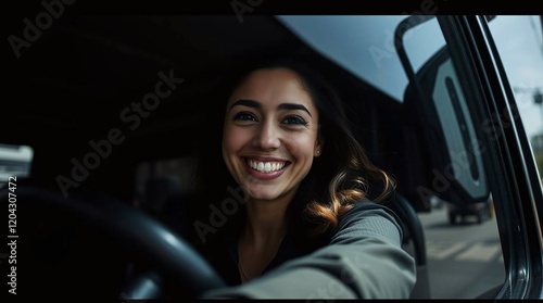 An independent beautiful woman driving a car, vehicle, self dependent