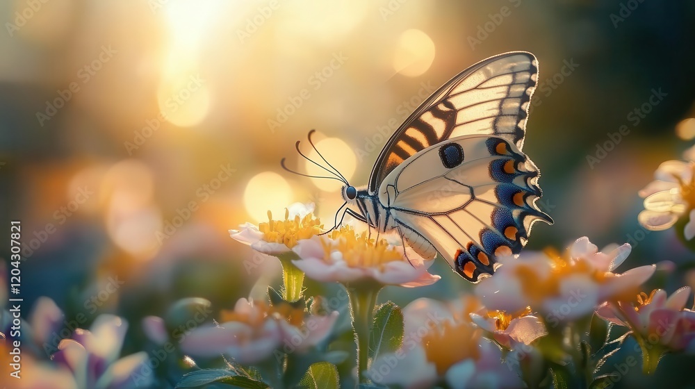 Butterfly on a flower, close-up of delicate wings, vibrant flower petals, sunlight filtering through Butterfly on a flower, close-up of delicate wings, vibrant flower petals, sunlight filtering through