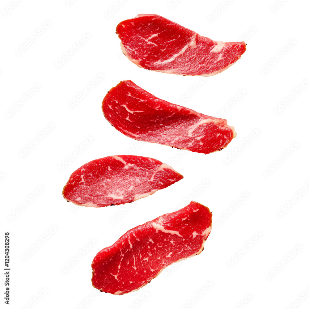 Lomo Embuchado Spanish cured ham slices isolated on white transparent background, showcasing texture and marbling, concept of cured meat Lomo Embuchado Spanish cured ham slices isolated on white transparent background, showcasing texture and marbling, concept of cured meat