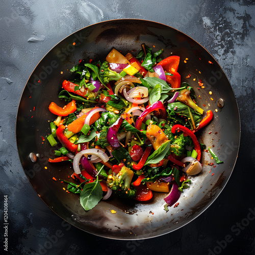 Colorful Stir-Fried Vegetables with Herbs in a Black Wok - Fresh and Vibrant Vegetable Medley on a Dark Background photo