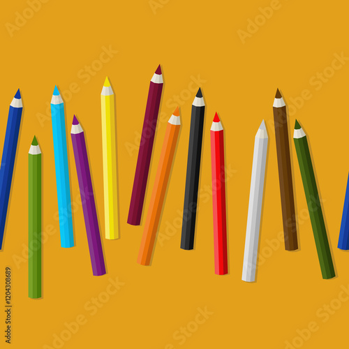 vector color pencils, endless line of pencils on the table.