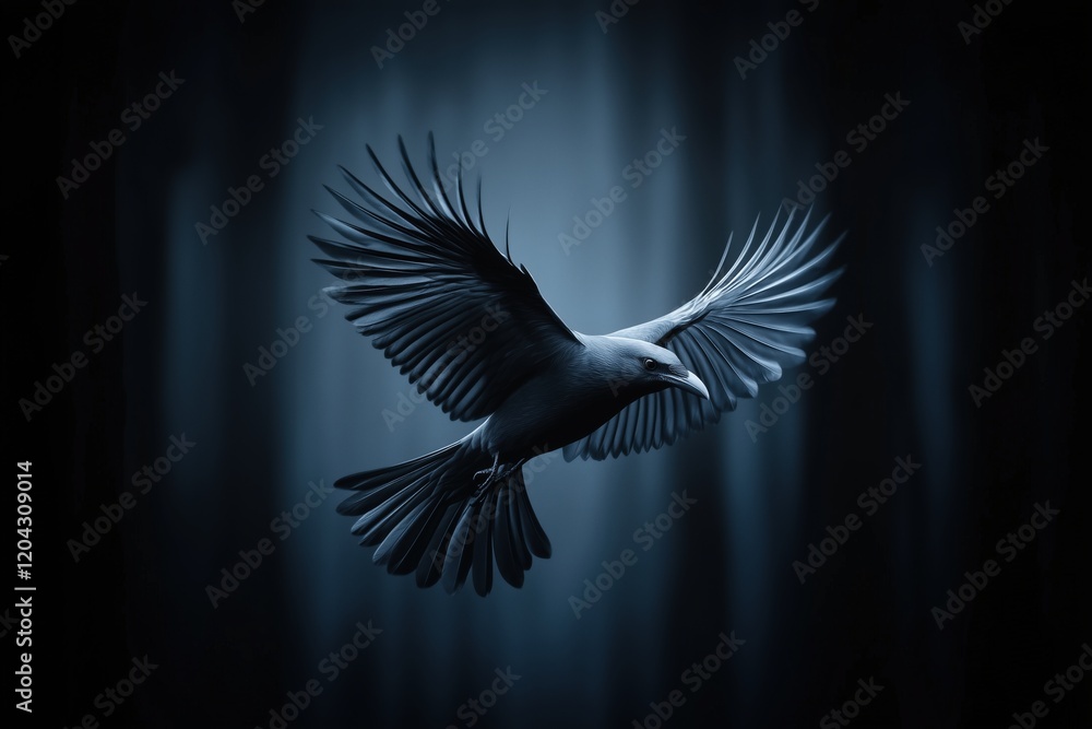 Fototapeta premium Dark crow in flight against a minimal shadowy background, conveying mystery and elegance