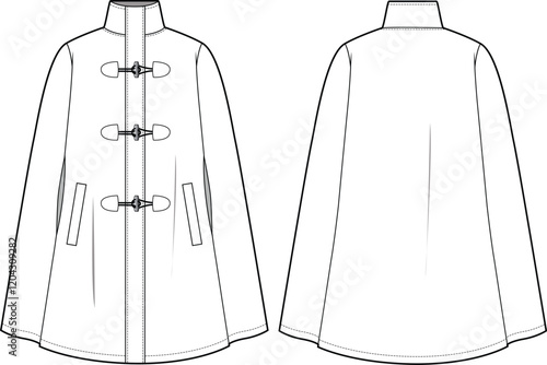 Wool Cape Coat flat sketch front and back