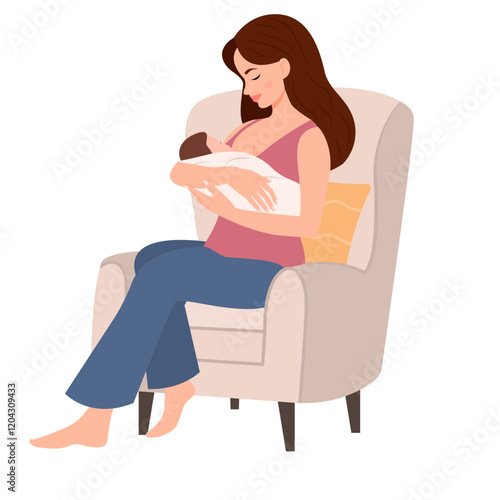 Mother breastfeeding her newborn baby. Breast feeding position with pillow in chair. Breastfeeding week,natural feeding concept. Vector illustration Flat vector illustration.