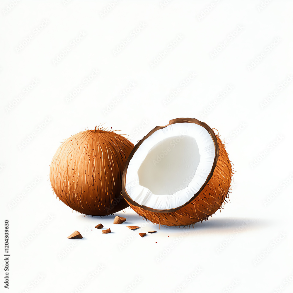 A close-up of a coconut, showcasing its brown exterior and white inner flesh, perfect for illustrating tropical themes. A close-up of a coconut, showcasing its brown exterior and white inner flesh, perfect for illustrating tropical themes.