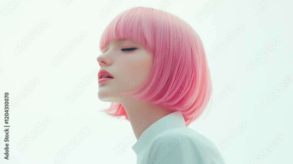 Dreamy woman with pink bob haircut in white outfit Dreamy woman with pink bob haircut in white outfit