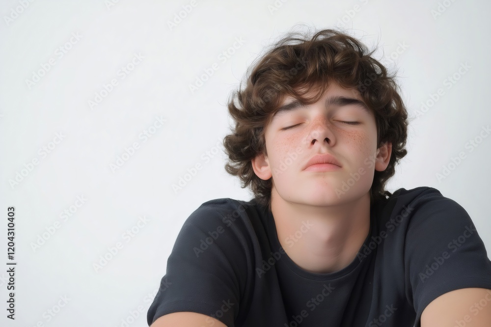 Portrait of a young man with curly hair and freckles closing his eyes, conveying feelings of tiredness, peacefulness, or contemplation Portrait of a young man with curly hair and freckles closing his eyes, conveying feelings of tiredness, peacefulness, or contemplation