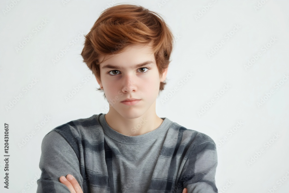 Studio portrait of confident redhead teenage boy with folded arms posing on white background Studio portrait of confident redhead teenage boy with folded arms posing on white background