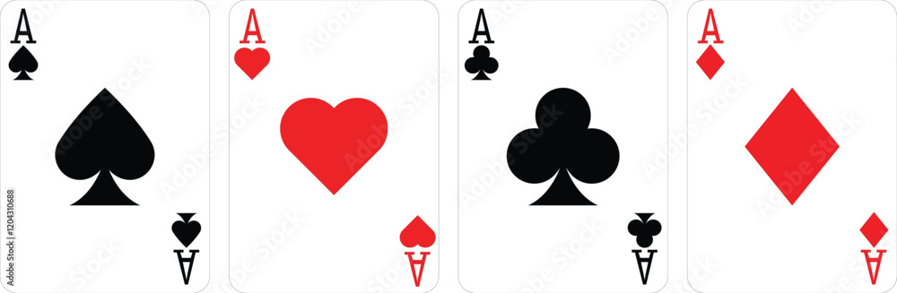 Simple Ace Playing card. Royal Flush Realistic playing cards symbol. Poker card suit with symbols of diamonds, clubs, hearts, spades. Design for casino, game design. Lucky Casino Cards. Simple Ace Playing card. Royal Flush Realistic playing cards symbol. Poker card suit with symbols of diamonds, clubs, hearts, spades. Design for casino, game design. Lucky Casino Cards.