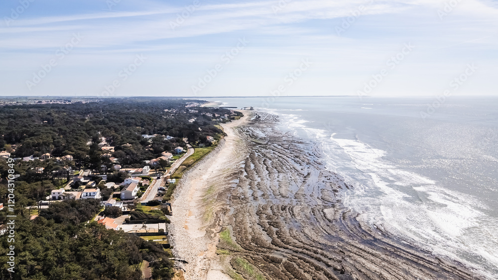 Drone view of Ragounite beach in Jard sur Mer, Vendee, France on a spring day
