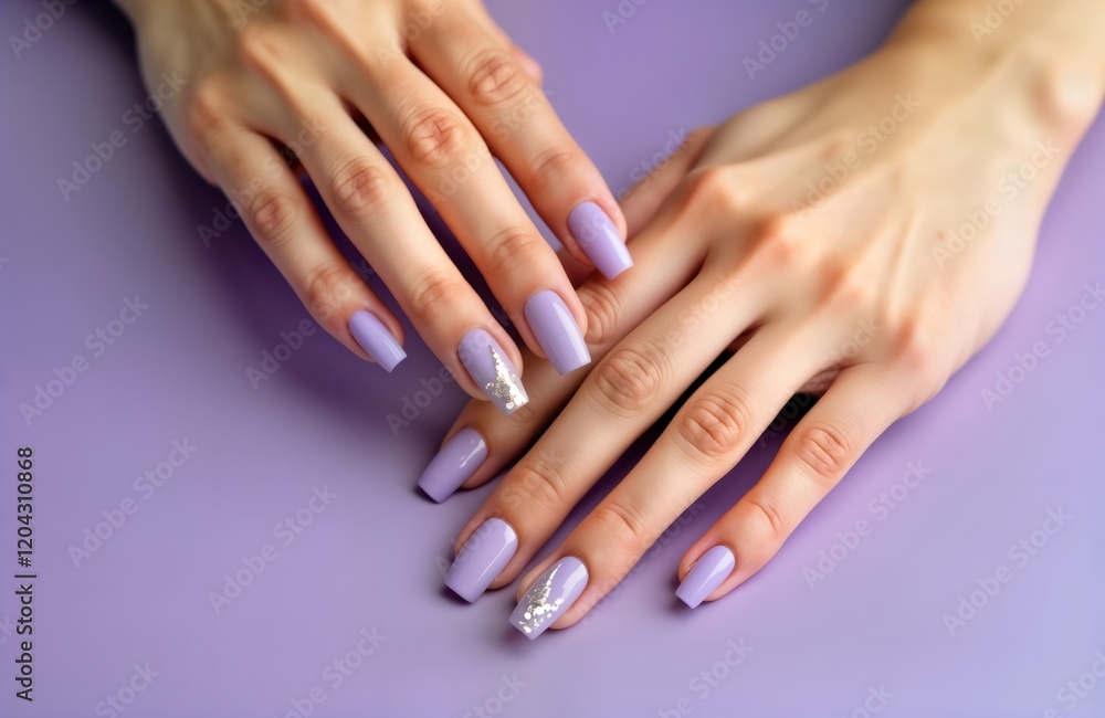 Closeup of womans hands with trendy peri manicure. Spring summer design features. Nails painted lavender color. Stylish nail art adds elegant touches. Fashionable gel nails focus of beauty photo. Closeup of womans hands with trendy peri manicure. Spring summer design features. Nails painted lavender color. Stylish nail art adds elegant touches. Fashionable gel nails focus of beauty photo.