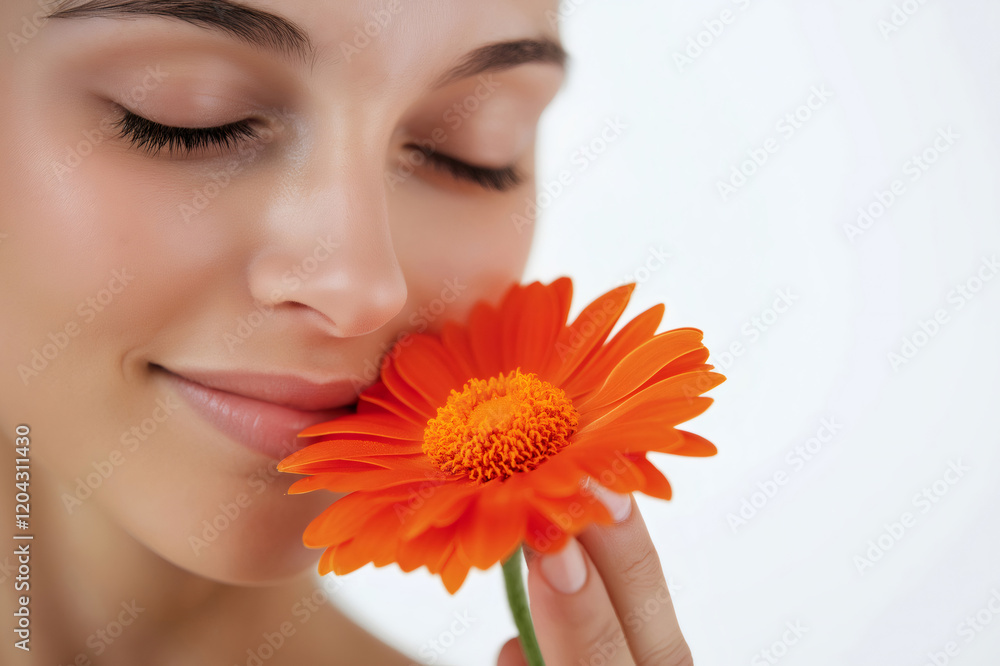 Beauty portrait of attractive young woman smelling orange gerbera flower with closed eyes on white background Beauty portrait of attractive young woman smelling orange gerbera flower with closed eyes on white background