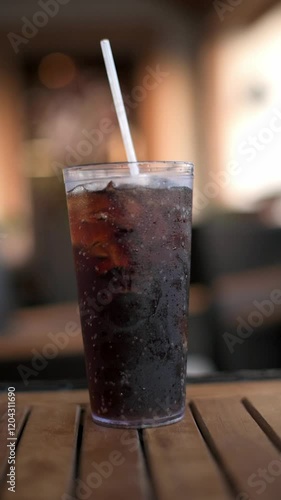 Vertical screen Cold Soda with Ice in a Plastic Cup on Wooden Table efreshing glass of dark soda with ice straw, placed on wooden table in blurred cafe setting beverage, refreshment lifestyle themes photo