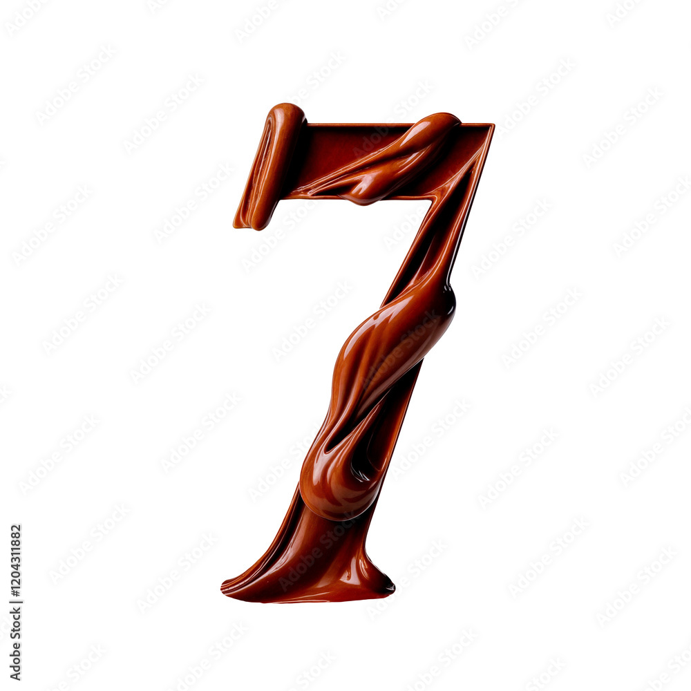 A number 7 sculpted from glossy, melted chocolate, with rich flows and artistic droplets. Its creamy, indulgent texture exudes luxury and elegance, creating an irresistibly appetizing allure