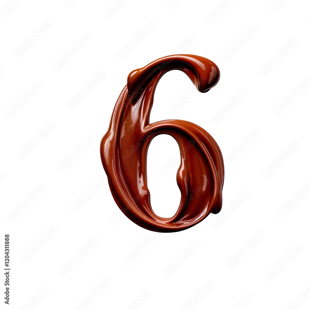 A number 6 sculpted from glossy, melted chocolate, with rich flows and artistic droplets. Its creamy, indulgent texture exudes luxury and elegance, creating an irresistibly appetizing allure A number 6 sculpted from glossy, melted chocolate, with rich flows and artistic droplets. Its creamy, indulgent texture exudes luxury and elegance, creating an irresistibly appetizing allure