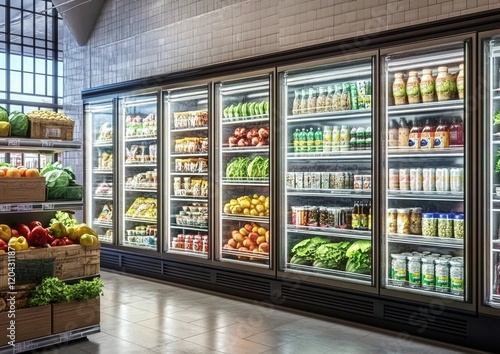 A row of large glass refrigerator units, filled with fresh produce and other goods, stands in the middle of an indoor grocery store photo