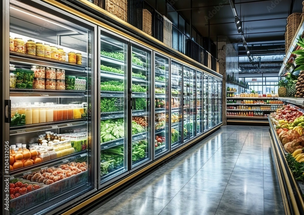 A row of large glass refrigerator units, filled with fresh produce and other goods, stands in the middle of an indoor grocery store A row of large glass refrigerator units, filled with fresh produce and other goods, stands in the middle of an indoor grocery store