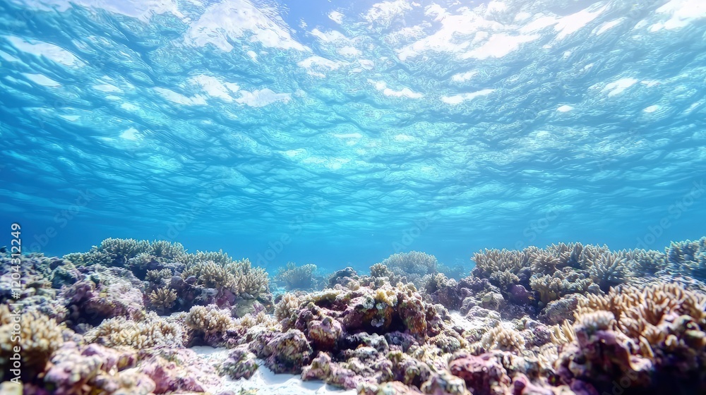 Fototapeta premium Vibrant underwater scene showcasing a coral reef with sunlight filtering through the crystal-clear water.