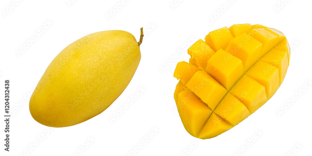 Fototapeta premium Ripe fresh yellow mango fruit isolated on white background.