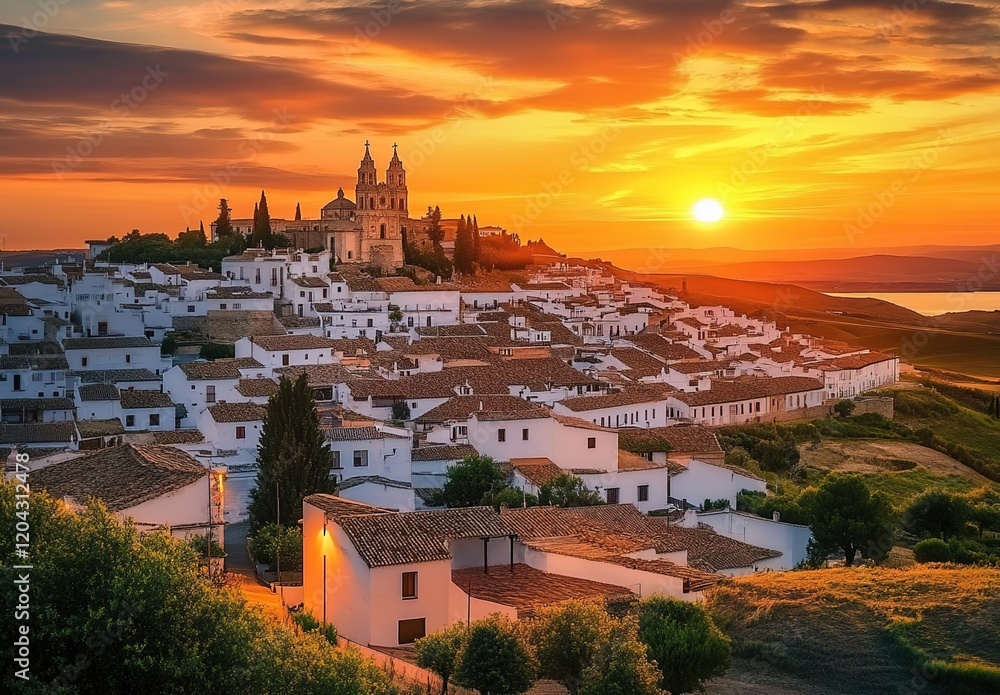 Fototapeta premium Photograph of the White City of Olite in Spain at sunset, with the white buildings illuminated by warm hues and an orange sky