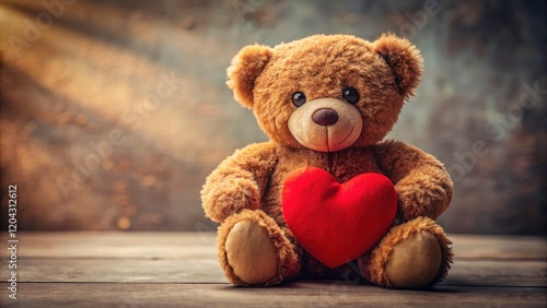 A heartwarming panoramic: a cuddly brown teddy bear embraces a sweet heart plushy.