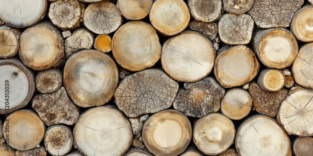 A top-down view of stacked circular wooden logs showcasing natural wood grains, textures, and cracks