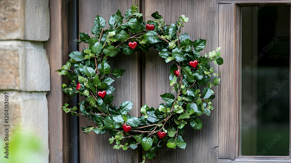 Fototapeta premium An elegant wreath made of roses and heart-shaped ornaments to enhance the romantic atmosphere of a Valentine's Day door.
