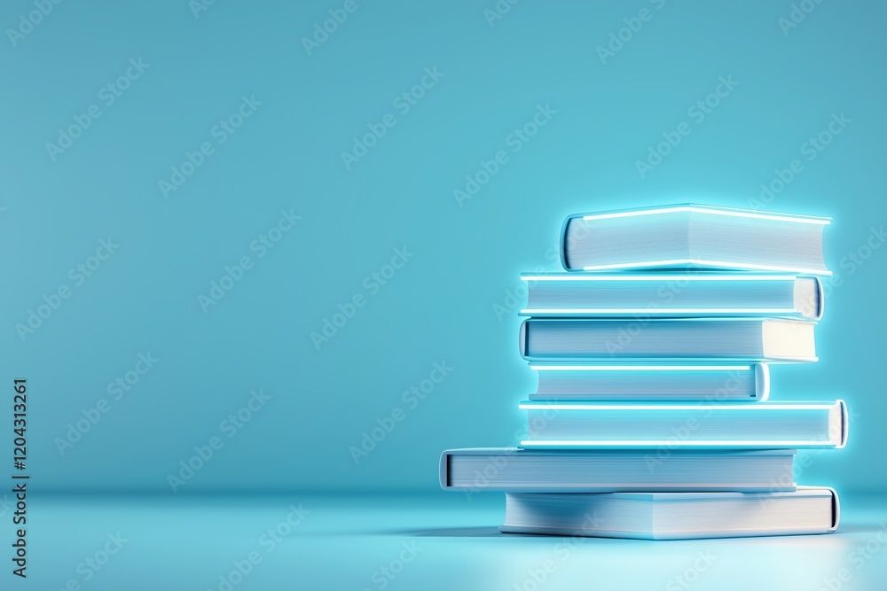 Fototapeta premium Stack of glowing books on a blue background. Futuristic education and knowledge concept with a modern design