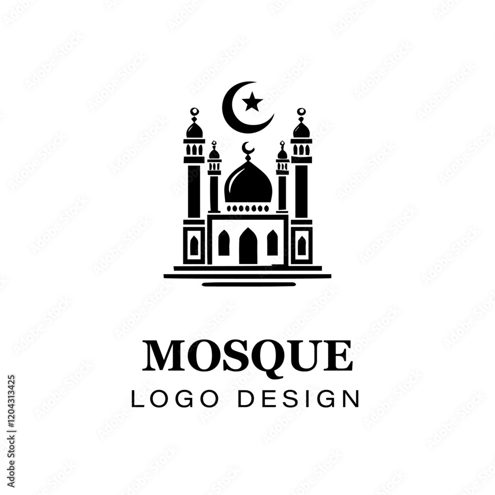 Obraz premium Black and white Islamic mosque logo design featuring crescent moon, stars, detailed vector artwork for branding, religious, and creative graphic projects. 
