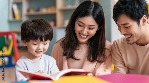 A family of three, a man, a woman and a child, are sitting together and reading a book. The woman is smiling and the child is looking at the book with interest. The man is also smiling