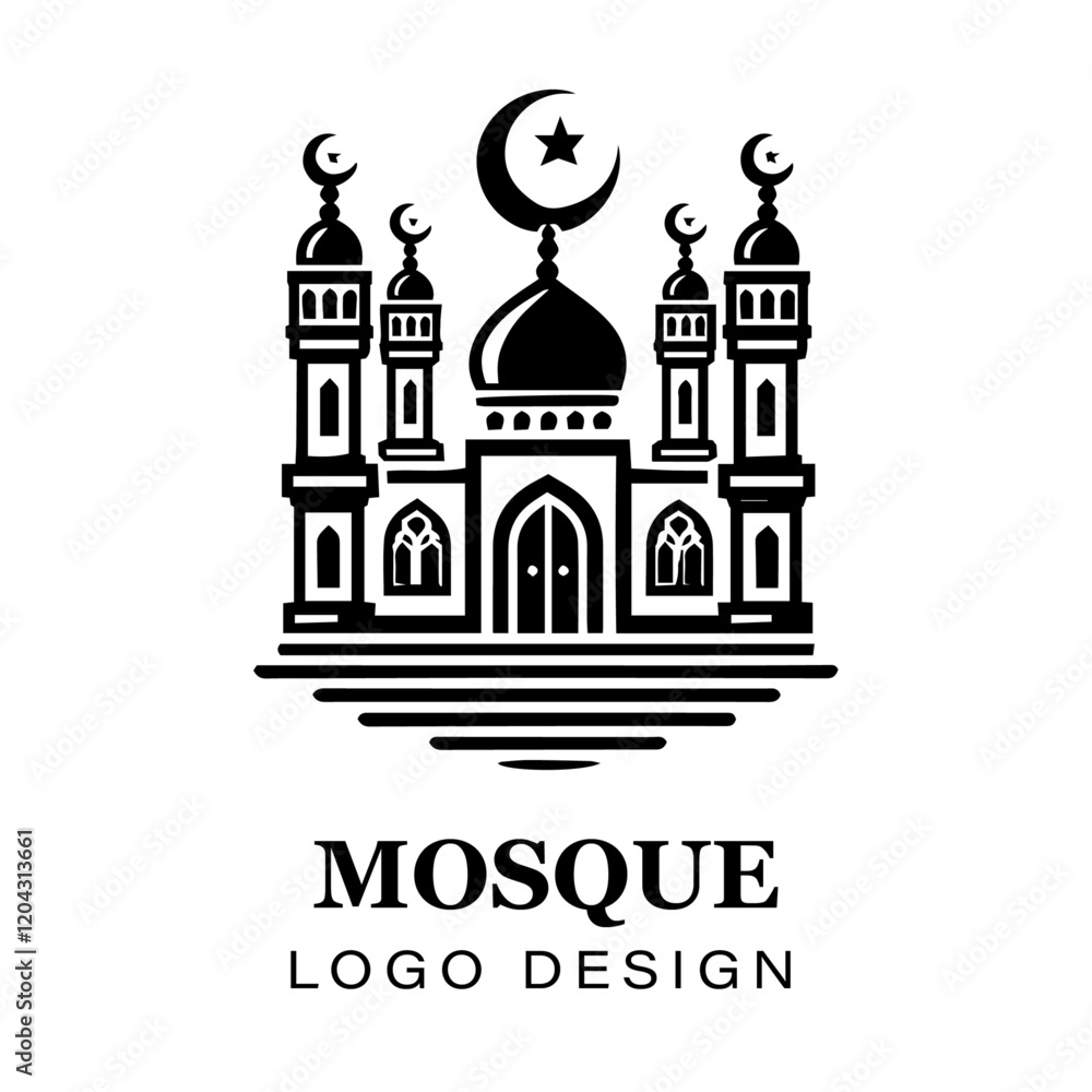 Fototapeta premium Black and white Islamic mosque logo design featuring crescent moon, stars, detailed vector artwork for branding, religious, and creative graphic projects. 